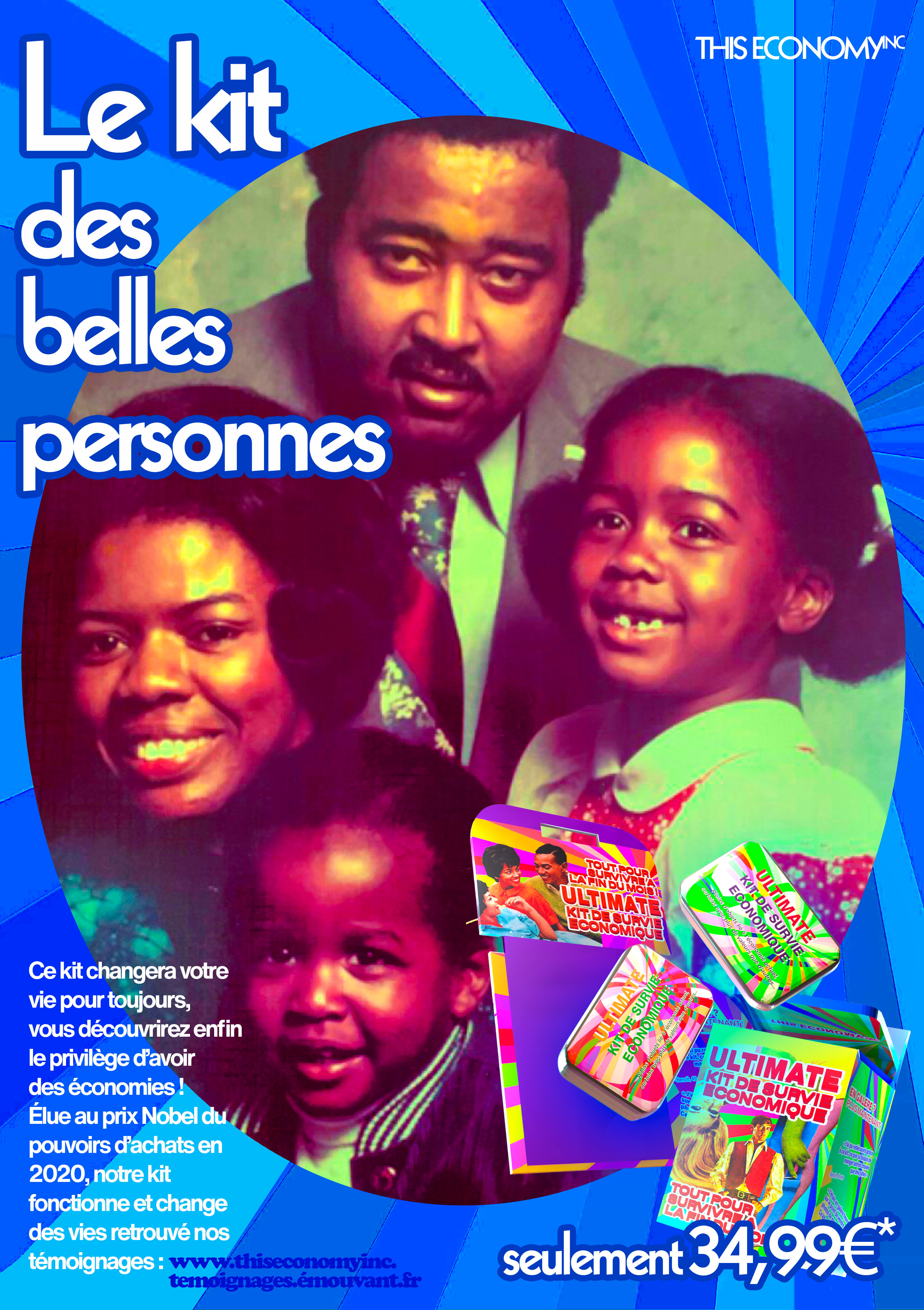 Projet de détournement inspiré du travail de Dana Wyse. Création de l'identité visuelle d'un kit de survie économique tourné vers les familles de classe moyenne, de l'affiche au packaging.